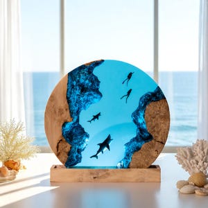 Shark Diver Night Light, Ocean Resin Lamp, Wood LED Lamp, Underwater Decor, Coastal Table Lamp, Diver Gift, Shark Lover Gift, Ocean Art