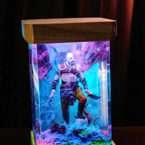 Epic Warrior LED Night Light, Resin Scene Lamp, Handmade Game Room Decor, Acrylic Fantasy Diorama Gift for Him, Unique Mood Lamp