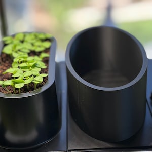 May include: Two black planters, one rectangular and one oval, sit side-by-side. The rectangular planter contains soil and small green seedlings. The oval planter is empty. Both planters are made of a matte black material, suggesting a modern design.
