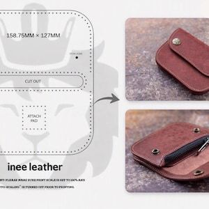 Puede incluir: Una plantilla de patrón de cuero que mide 158,75 mm por 127 mm con marcas de corte y fijación, junto a una bolsa de cuero marrón terminada con una solapa con dos botones de presión metálicos y un compartimento interior con cremallera negra.