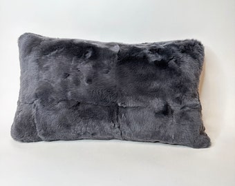 DOUBLE-SIDED Rex Rabbit Real Fur Pillow  - 12x20 Rectangle - Charcoal Gray - Sofa Throw Accent Pillow