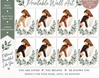 May include: A digital wall art collection titled JESUS & ME featuring eight illustrations of a figure with long brown hair embracing individuals with diverse hair colors and skin tones, framed by green leaves, with text including YOU ARE LOVED.