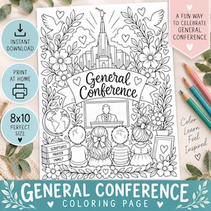 Könnte beinhalten: Eine schwarz-weiße Malvorlage mit einem Tempel, Tauben, Blumen und vier Kindern, die einen Redner auf einem Bildschirm betrachten. Der Text lautet General Conference, Scriptures, Prayer, Family und A fun way to celebrate General Conference.
