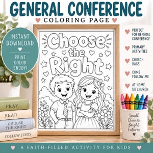 以下が含まれることがあります： 庭に立つ少年と少女の上にChoose the Rightという文字が書かれた塗り絵。このページは木製のフレームに入っており、Pray、Read、Choose the Right、Follow Jesusと書かれた4冊の本の束と、クレヨンの入ったカップが隣に置かれています。