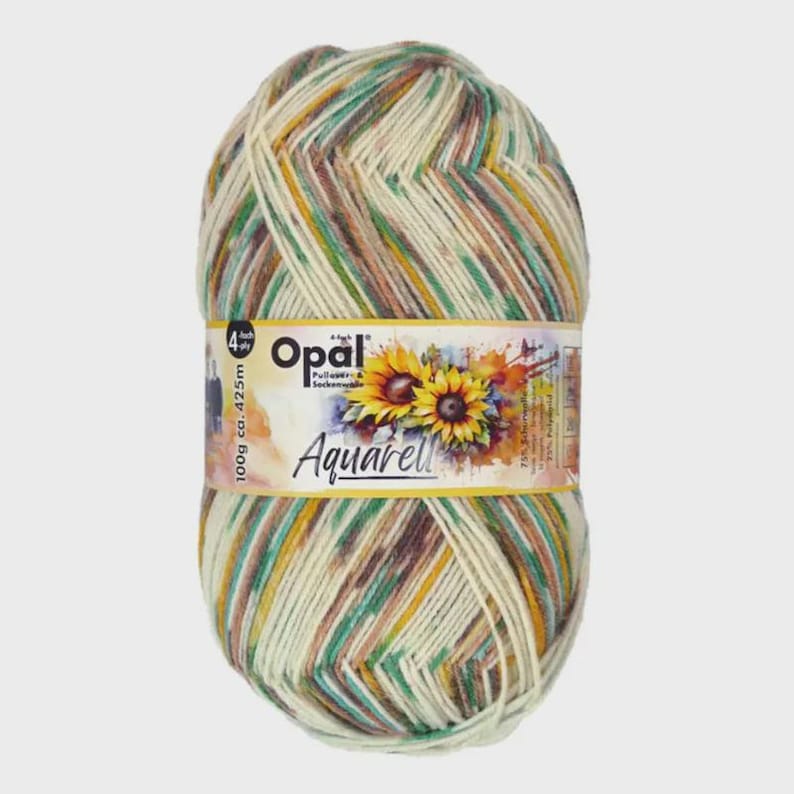 May include: A ball of Opal Aquarall yarn in cream, green, brown, and yellow. The yarn is wrapped with a label featuring sunflowers and the text "Opal Aquarall". The ball weighs 100g and has approximately 425m of yarn.