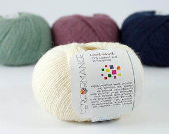 Könnte beinhalten: Nahaufnahme eines Knäuels cremefarbener Wolle mit einem Etikett mit der Aufschrift "Cool Wool". Das Etikett gibt auch den Fasergehalt mit 75 % Superwash-Wolle und 25 % Polyamid an. Weitere Wollknäuel in Grün, Lila und Marineblau im Hintergrund.