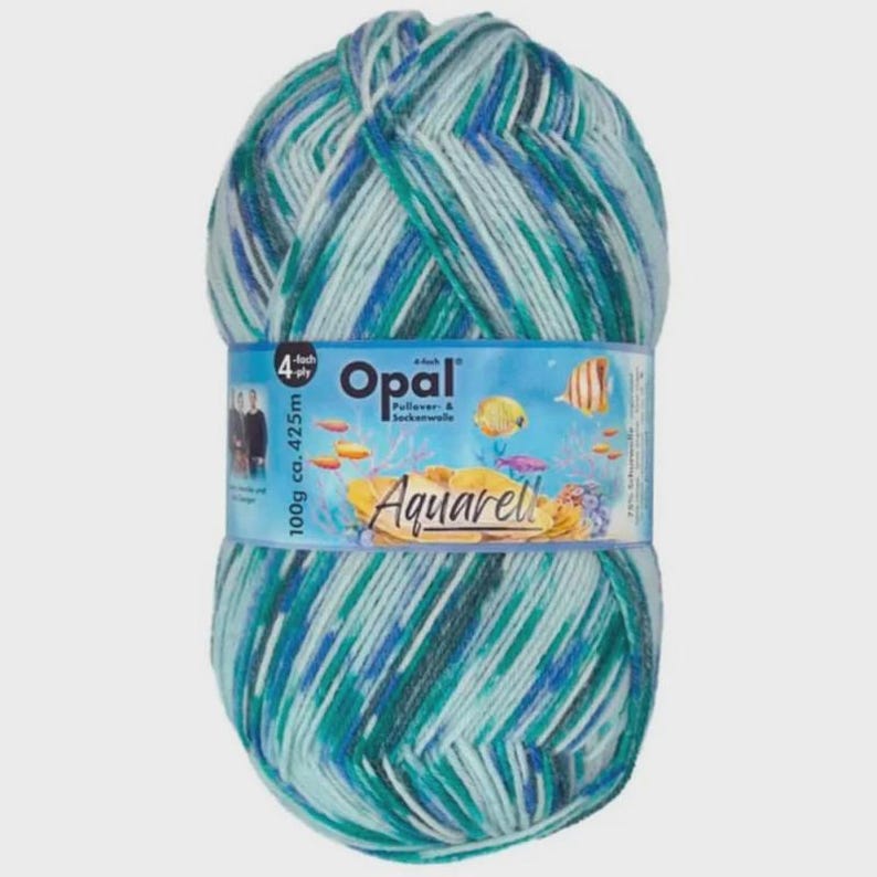 May include: A ball of Opal Aquarrell yarn in teal, blue, and white. The label reads "Opal" and "Aquarrell" with fish and coral. The yarn is 100g and approximately 425m.