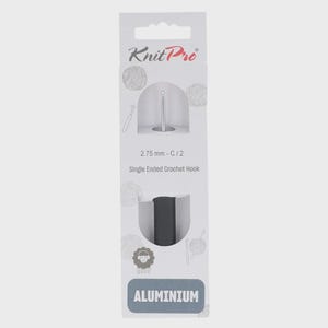 May include: A single-ended crochet hook made of aluminum, packaged in a clear plastic sleeve. The hook is 2.75 mm in size and is labeled "C/2". The packaging also features the Knit Pro logo and the text "Aluminium".