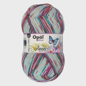 May include: A ball of Opal Aquarell 4-ply yarn. The yarn is a blend of teal, purple, orange, and white. The label features a butterfly and the text "Aquarell". The ball weighs 100g and has approximately 425m of yarn.