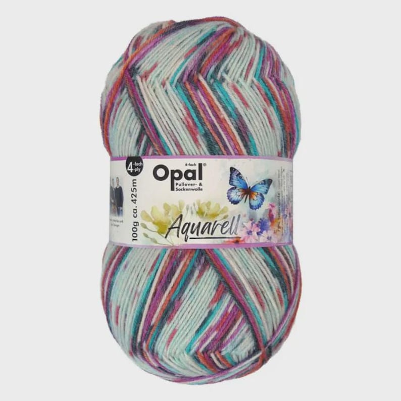 May include: A ball of Opal Aquarell 4-ply yarn. The yarn is a blend of teal, purple, orange, and white. The label features a butterfly and the text "Aquarell". The ball weighs 100g and has approximately 425m of yarn.
