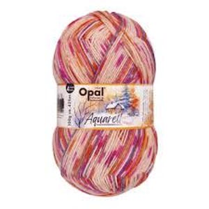 May include: A ball of Opal Aquarell yarn in shades of pink, orange, and cream. The yarn is 100g and 425m. The label features a winter landscape scene with the brand name "Opal".