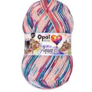 May include: A ball of Opal Aquarell yarn, with a mix of pink, blue, and purple colours. The yarn is wrapped with a label showing the brand name and a heart-shaped design. The yarn is 4-ply.