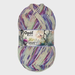 May include: A ball of Opal Aquarell yarn in cream, purple, green, and pink. The label features the Opal logo and the word "Aquarell". The yarn is 100g and approximately 425m.