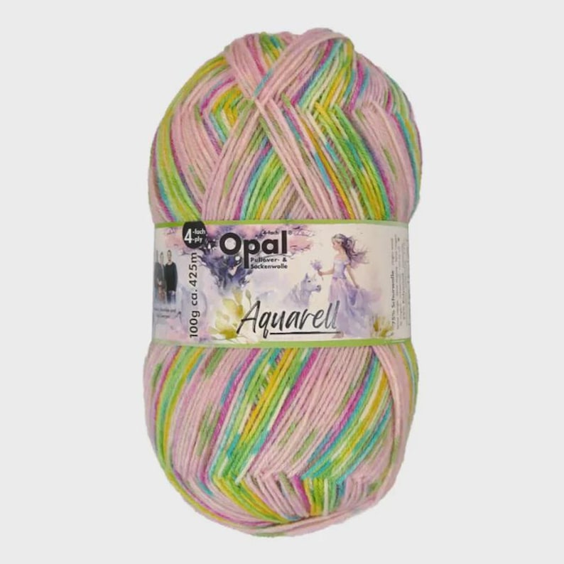 May include: A ball of Opal Aquarall yarn in pink, green, yellow, and blue. The yarn is wrapped with a label that includes the brand name, a picture of a woman, and the text "Aquarall". The ball weighs 100g.