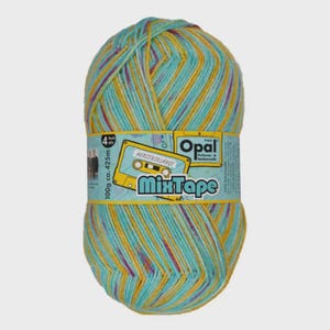 May include: A ball of Opal brand yarn in shades of teal, yellow, and purple. The yarn is wrapped with a label that reads "Mixtape" and "Herzensklänge". The label also indicates the yarn is 4-ply and 100g, with approximately 425 meters.