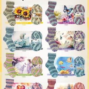 May include: A promotional image for Opal yarn and socks, with the word "Aquarell" in a stylized font. The image displays various sock designs and yarn balls with colourful patterns and scenic imagery, including sunflowers, butterflies, and underwater scenes.