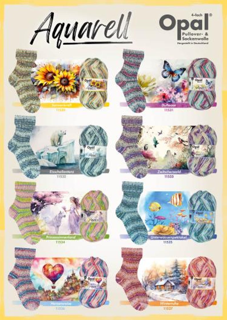 May include: A promotional image for Opal yarn and socks, with the word "Aquarell" in a stylized font. The image displays various sock designs and yarn balls with colourful patterns and scenic imagery, including sunflowers, butterflies, and underwater scenes.
