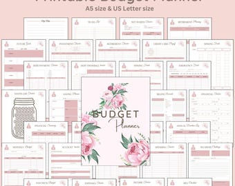 May include: Printable budget planner with 24 pages featuring floral illustrations and a pink background. The pages include sections for tracking income, expenses, savings, debt, and more.