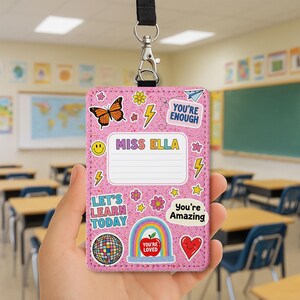 Teacher Badge Holder, Cute ID Badge, Teacher Lanyard, Rainbow Name Tag, Personalized Teacher Gift, Classroom Accessories