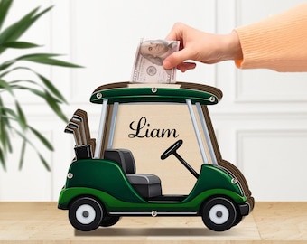 Cofrinho personalizado em formato de carrinho de golfe: Caixa de madeira personalizada para guardar dinheiro, decoração em formato de veículo.