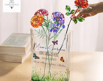 Custom Mom&#39;s Garden Acrylic Holographic Birth Flowers & Acrylic Book Vase with Names – Hologram Floral Mother&#39;s Day Gift for Mom or Grandma