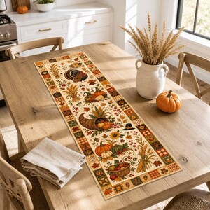 May include: A rectangular table runner featuring a cream-coloured centre with a repeating pattern of turkeys, cornucopias, pumpkins, wheat stalks, and a black pilgrim hat, bordered by a colourful patchwork design of autumn leaves and plaid squares.
