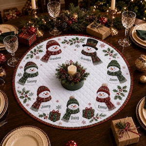 May include: A round white quilted Christmas tree skirt featuring seven embroidered snowmen wearing colorful scarves and hats. Each snowman is labeled with a name: Grandma, Grandpa, Jason, Emma, Daisy, Jimmy, and Tommy. The design includes holly berries, green leaves, and small gift boxes.
