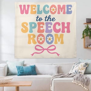 Willkommen im Sprechzimmer-Tapisserie, buntem SLP-Wanddekor, Logopädie-Büroschild, niedlichem Klassenzimmer-Banner für Therapeuten