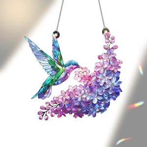 Hologram Purple lilac and hummingbird Acrylic Window hanging, suncatcher hologram window decor, Mother's day gift for mom grandma
