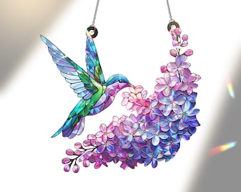 Hologram Purple lilac and hummingbird Acrylic Window hanging, suncatcher hologram window decor, Mother&#39;s day gift for mom grandma