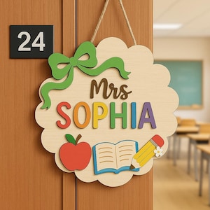 Custom Teacher Door Hanger Sign, Personalized Classroom Name Plaque, Back to School Rainbow Apple Pencil Decor