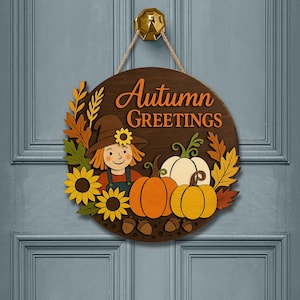 3D Wood Autumn Greetings Sign: Rustic Scarecrow & Pumpkin Door Decor