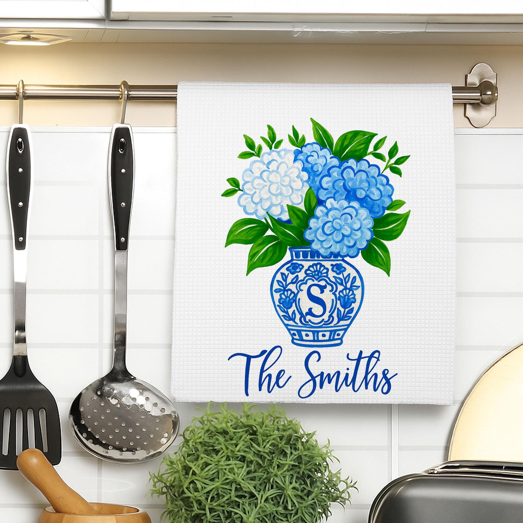 Personalized Kitchen Towel with Family Name – Blue Chinoiserie Hydrangea Flower Vase Hand Towel – Custom Monogram Tea Towel Gift for Home