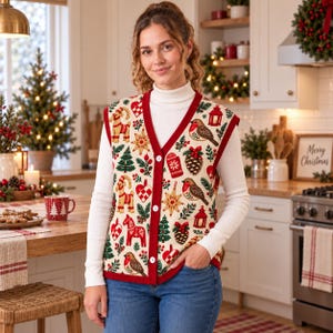 May include: A cream-colored V-neck sweater vest featuring a festive pattern of red robins, pinecones, Christmas trees, stars, red lanterns, and red and white Dala horses. The vest has a solid red trim and three white buttons down the front.