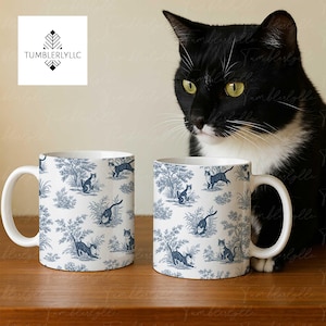 Tuxedo Cat Toile de Jouy Coffee Mug - Elegant Cat Lover Gift