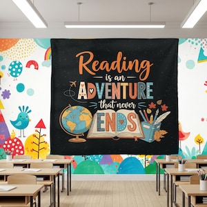 Reading Classroom Tapestry, Adventure Wall Decor for Teachers, Library or School Banner, Reading Corner Poster for Kids, Classroom Decor