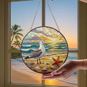 Coastal Seagull Sunset Glass Suncatcher: Ocean Window Art