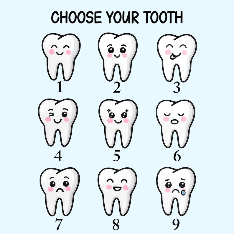 Op de afbeelding: Een lichtblauwe achtergrond met de tekst "CHOOSE YOUR TOOTH" boven negen cartoon tanden. Elke tand heeft een andere gezichtsuitdrukking en is genummerd van 1 tot 9.