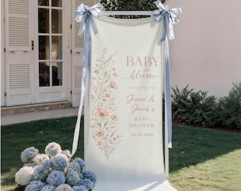 Custom Baby Shower Floral Banner:  Personalized Welcome Banner Linen Fabric Botanical Event Decor