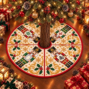 May include: A circular Christmas tree skirt featuring a cream-colored quilted fabric with gold scrollwork, green holly leaves, and red berries. Four nutcracker figures are printed on the skirt, each holding a Mahjong tile with Chinese characters.