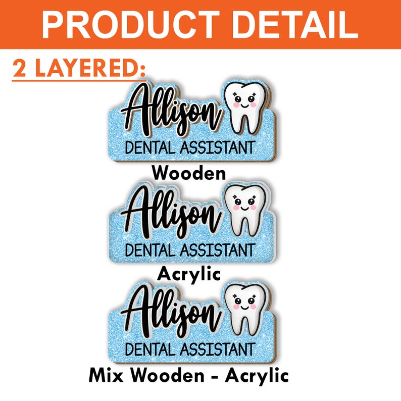 Op de afbeelding: Drie gelaagde naamlabels voor een tandartsassistente. Elk label bevat de naam "Allison" in zwart script, de titel "Tandartsassistente" en een lachende tandafbeelding. De labels zijn blauw met glitter.