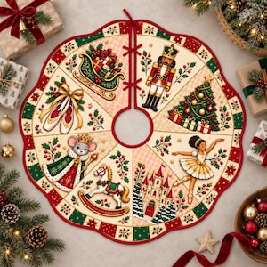 Può includere: Una gonna per albero di Natale circolare con bordo rosso smerlato e apertura centrale con tre nastri rossi. Il tessuto presenta otto pannelli a forma di spicchio con illustrazioni di uno schiaccianoci, una slitta, scarpette da danza, un re topo, un cavallo a dondolo, un castello, un albero di Natale e una ballerina.
