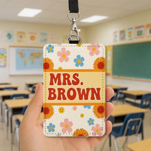 Retro Floral Teacher Badge Holder, Personalized Leather ID Tag, Cute Custom Name Lanyard, Back to School Gift for Teacher