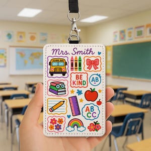 Teacher Badge Holder, Cute School Icons ID Tag, Be Kind Teacher Lanyard, Personalized Teacher Gift, Colorful Classroom Accessory