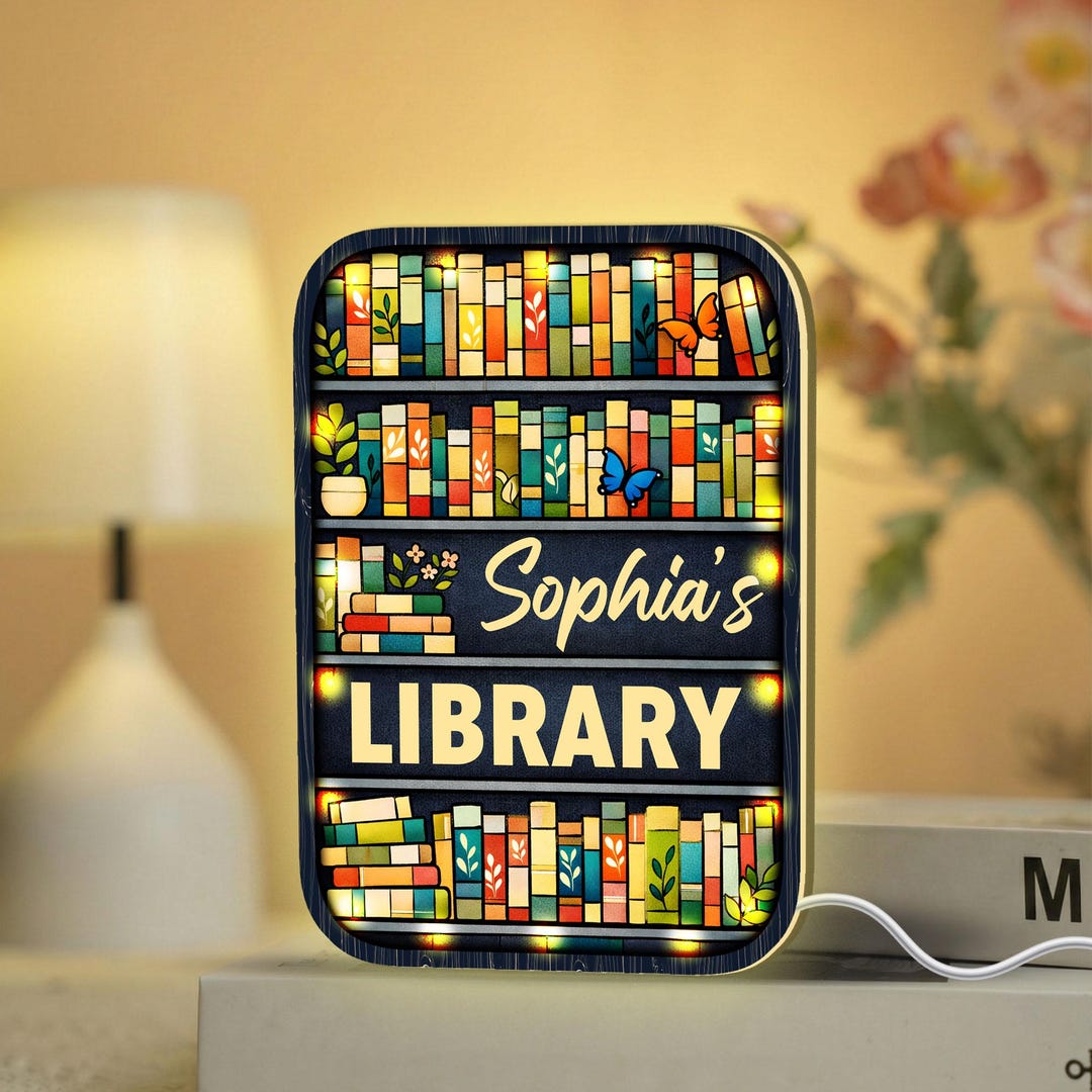 Personalized Bookshelf LED Light Sign: Custom Wood Frame With Acrylic ...