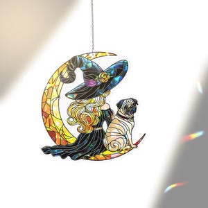 Holographic Witch & Pug Suncatcher: Stained Glass Style Acrylic Ornament