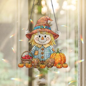 Holographic Scarecrow Window Hanging – Fall Pumpkin Sun Catcher, Autumn Harvest Farmhouse Decor, Cute Scarecrow Window Art