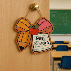 Custom Teacher Door Hanger, Pencil Bow Apple Classroom Sign with Name, Back to School Gift, Personalized Teacher Classroom Decor
