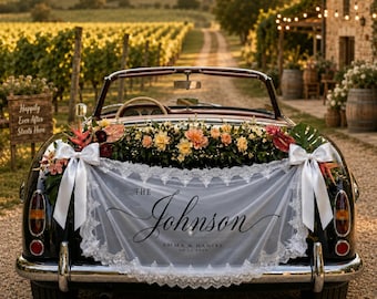 Pancarta personalizada de encaje blanco para coche de bodas, letrero de tela con nombre y fecha personalizados.