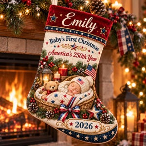Puede incluir: Un calcetín navideño con un puño de terciopelo rojo con el nombre Emily, el texto Baby's First Christmas y America's 250th Year, y un gráfico de un bebé en una cesta con un osito de peluche, bandera estadounidense y el año 2026 impreso en la base.